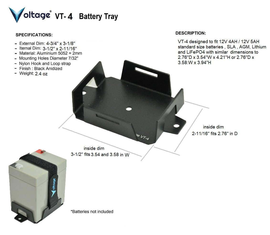 Voltage Small Battery Tray for 12V 4AH, 12V 5AH, SLA, AGM or Lithium LiFePO4 Batteries and More. Battery Mount with Hold Down Strap VT-4