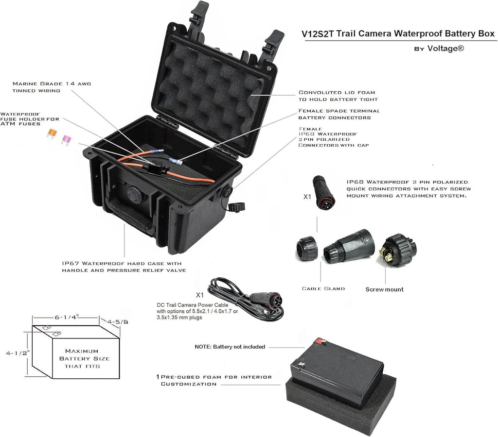 Voltage Trail Camera and CCTV Battery Box V12S2T External Battery Case with Wildlife Camera Cable DC Connector