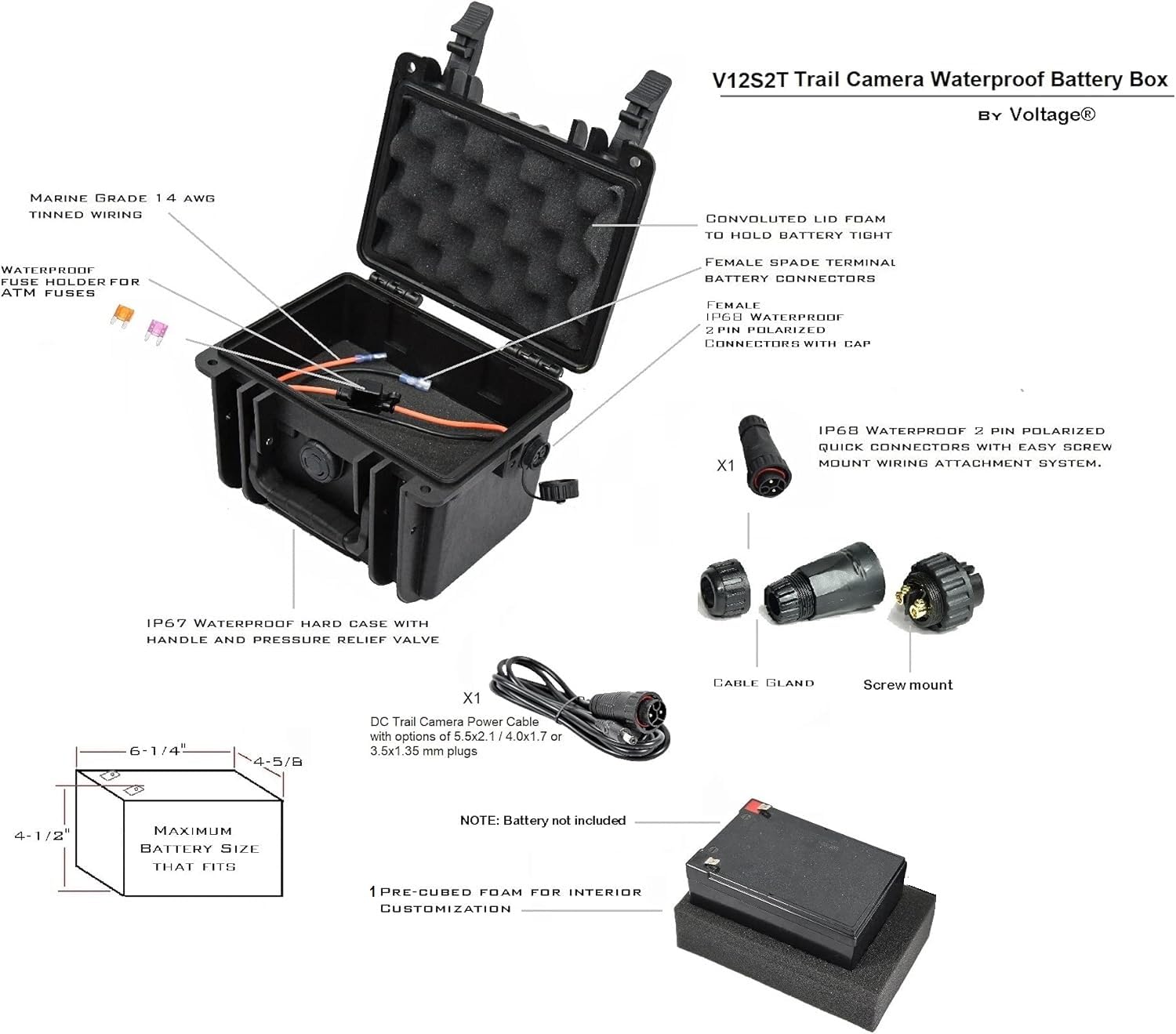 Voltage Trail Camera and CCTV Battery Box V12S2T External Battery Case with Wildlife Camera Cable DC Connector