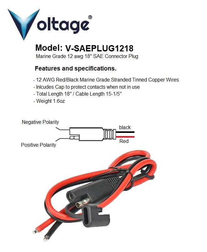 SAE Connector Extension Cable with Cap, 12AWG 18" SAE Quick Connector Disconnect Plug SAE Marine and Automotive Extension Cable, Solar Panel SAE Plug 1-1/2 ft