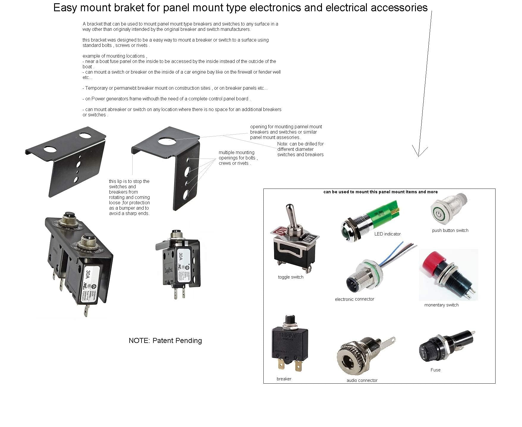 Bracket for Dual Panel Mount Electrical Components Like Push Button Circuit Breaker, Toggle Switch, Led Indicator Panel Mount Connector, Fuse and More