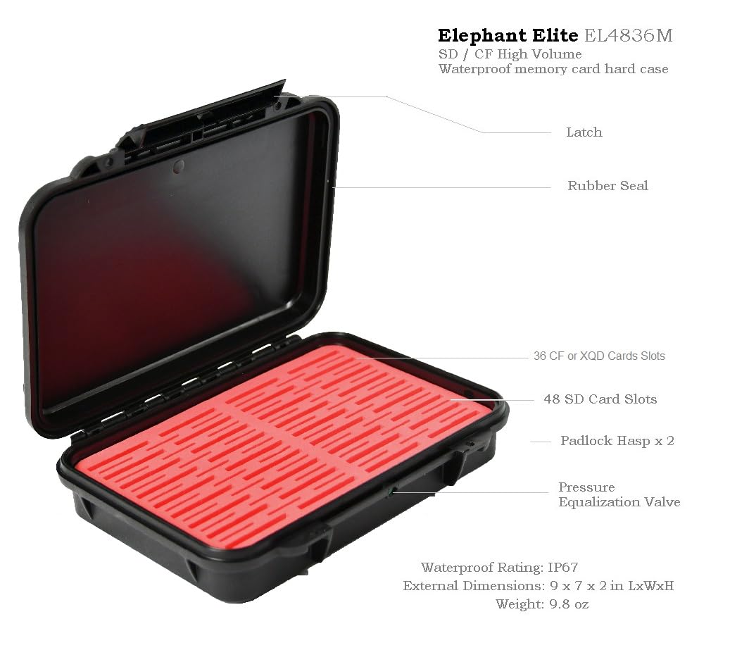Waterproof Dust-Proof 48 SD / 36 CF, CFxpress or XQD High Capacity Professional Memory Card Protective Case EL4836MR Red Foam on Black Hard Case
