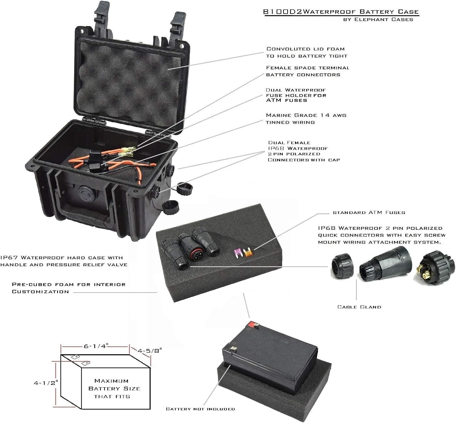 Elephant B100D2 Kayak Battery Box Waterproof Battery Enclosure for Powering GPS, Fish Finders, Led Lights, Aerator Pump (2 pin Dual)
