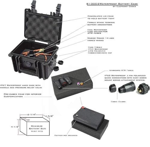 Elephant B100D2 Kayak Battery Box Waterproof Battery Enclosure for Powering GPS, Fish Finders, Led Lights, Aerator Pump (2 pin Dual)