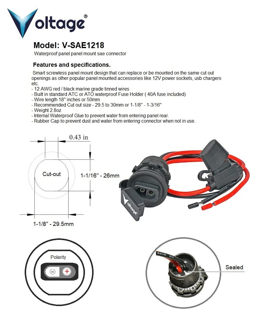 Voltage SAE Panel Mount Connector Socket Built in Fuse and 18" SAE Plug with Cap, 12AWG Marine Grade Stranded Tinned Copper Wires and 40A Fuse