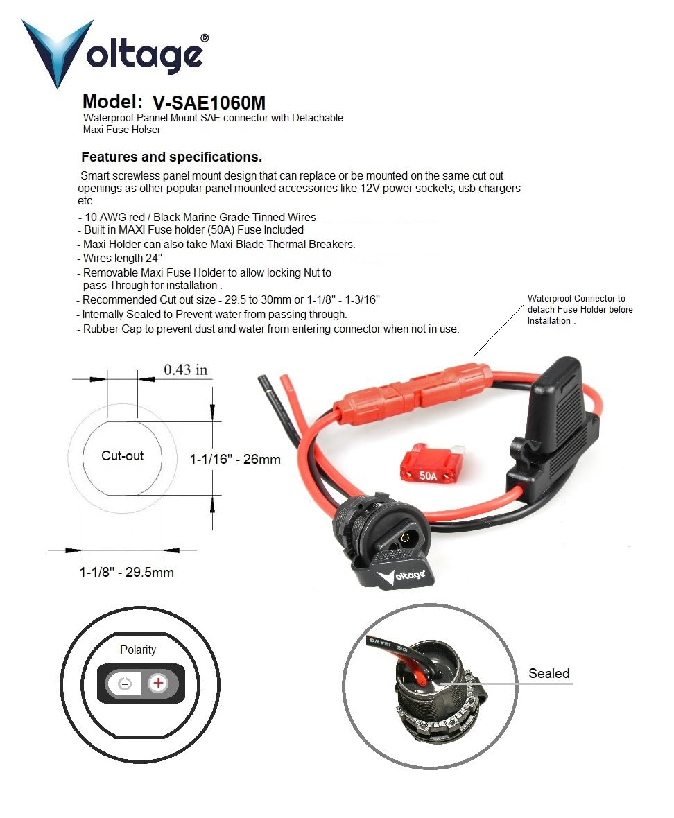 SAE Panel Mount Connector Socket with Maxi Fuse Waterproof SAE Quick Connect for Kayak, Boat, Solar Panel, Flush Mount 10AWG 18" V-SAE1060M