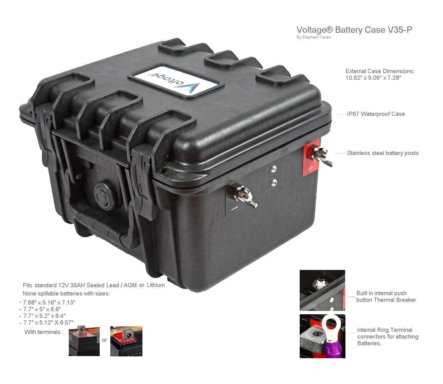 Elephant Cases Trolling Motor Battery Box Compact Waterproof Power Center with External Stainless Steel Battery Post and wingnuts for Kayak, Small Boat or Solar Power Backup Voltage