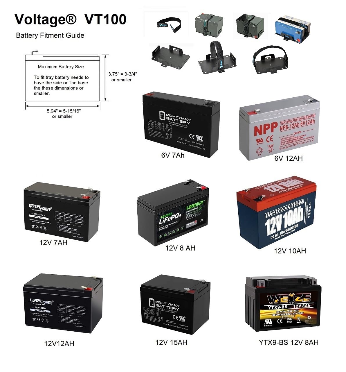 Voltage Small Battery Tray for 12V 15AH, 12V 12AH,12V 9AH, 12V 8AH, 12V 7AH,12V 6AH, 6V 7AH, 6V 12AH, YTX7B-BS, YTX9-BS, YTX14BS Batteries and More. Battery Mount with Hold Down Strap VT-100