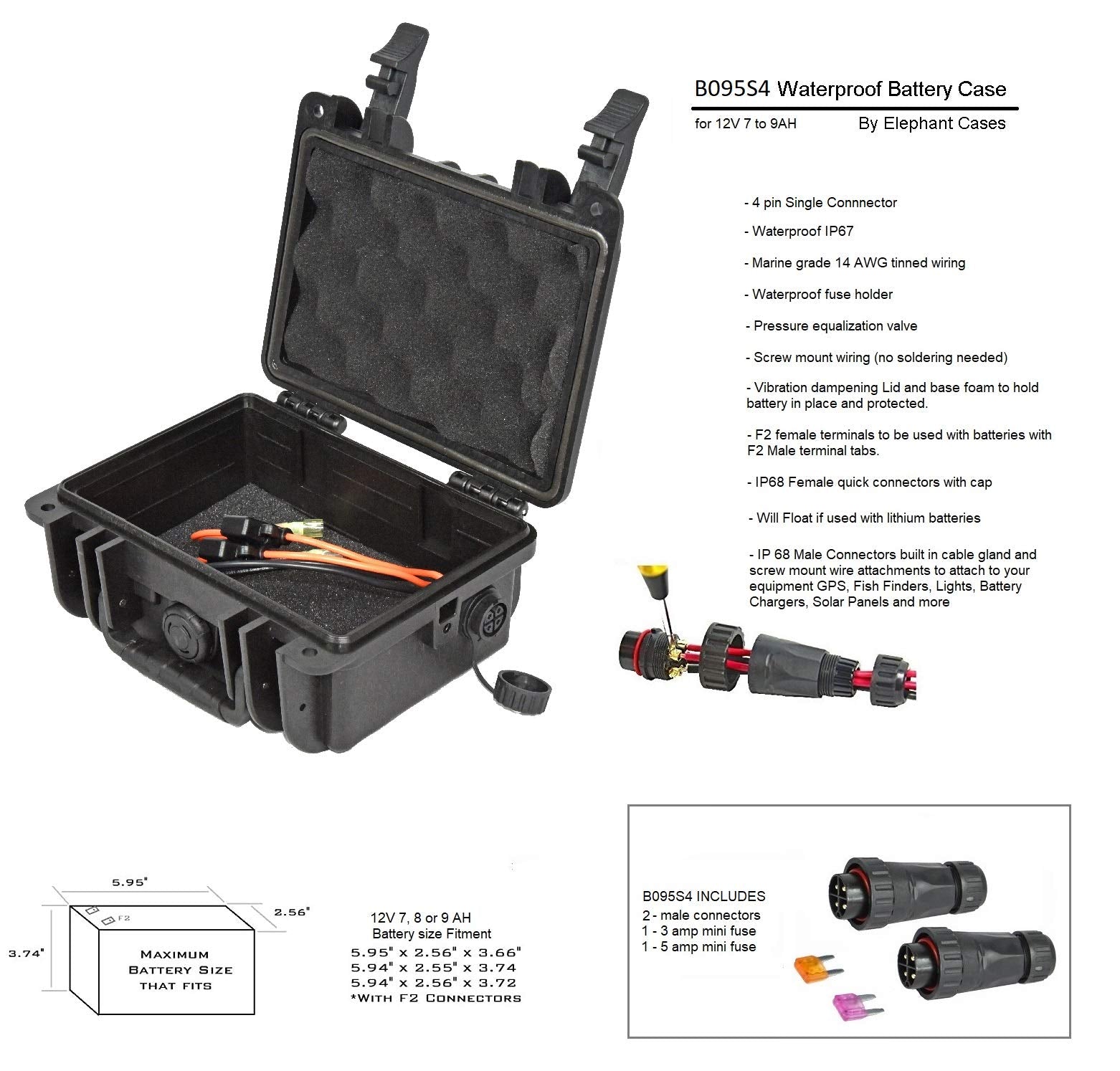 Elephant B095S4 Kayak Battery Box Waterproof Battery Enclosure for Powering GPS, Fish Finders, Led Lights, Aerator Pump (4 pin Single)