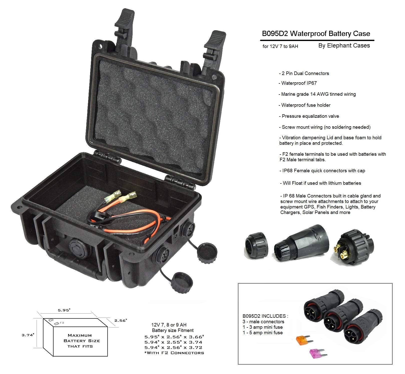 Elephant B095D2 Kayak Battery Box Waterproof Battery Enclosure for Powering GPS, Fish Finders, Led Lights, Aerator Pump (2 Pin Dual)