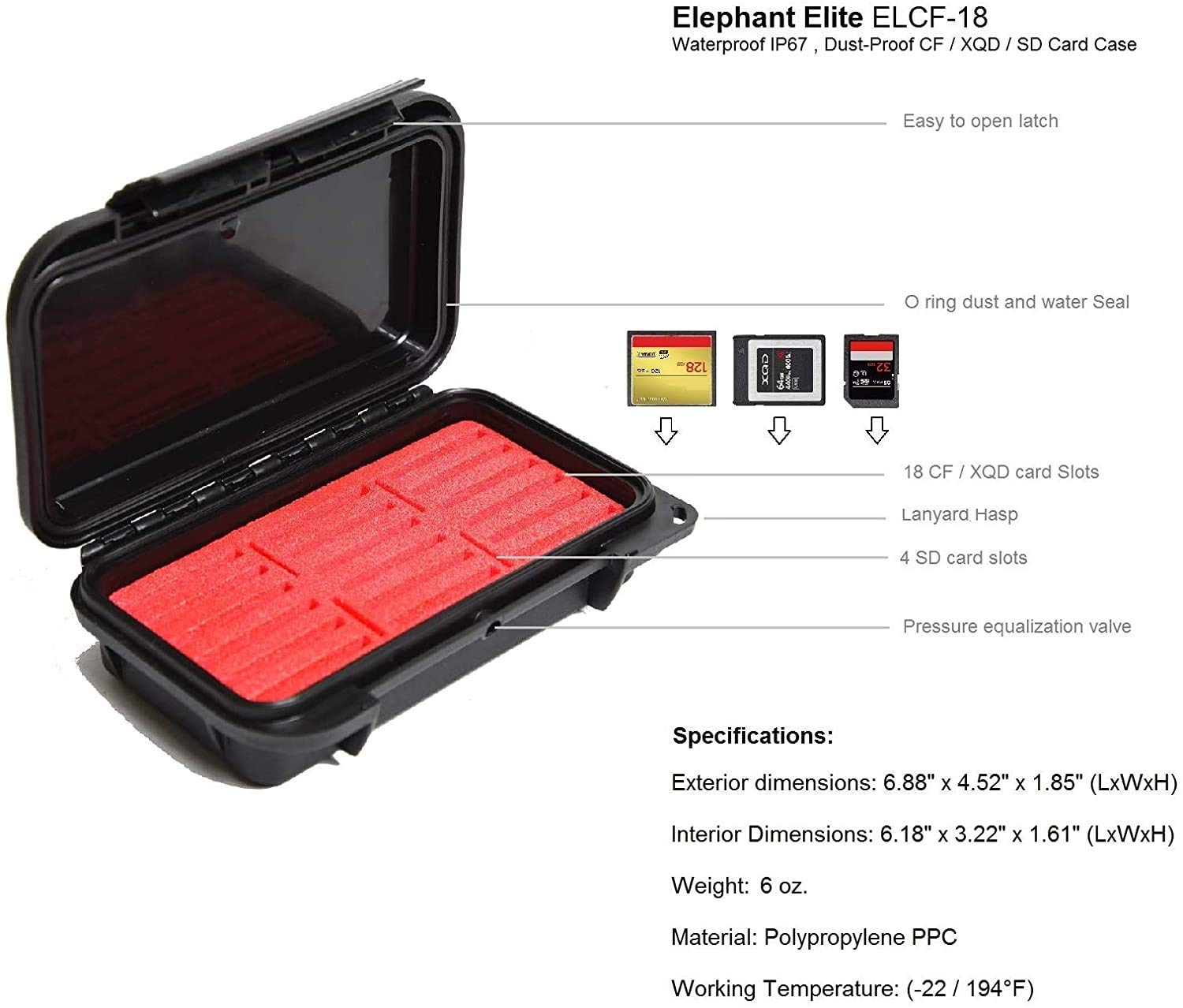 XQD - CF Card Case ELCF-18BR Black W/Red Foam Waterproof IP67, Dust-Proof, CF Memory Card Case Fits 18 Compact Flash/XQD and 4 SD Cards