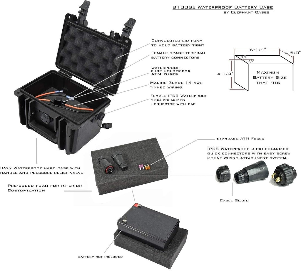 Elephant B100S2 Kayak Battery Box Waterproof Battery Enclosure for Powering GPS, Fish Finders, Led Lights, Aerator Pump (2 pin Single)