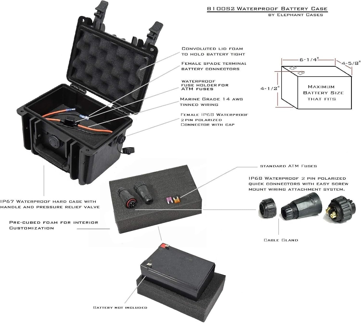 Elephant B100S2 Kayak Battery Box Waterproof Battery Enclosure for Powering GPS, Fish Finders, Led Lights, Aerator Pump (2 pin Single)