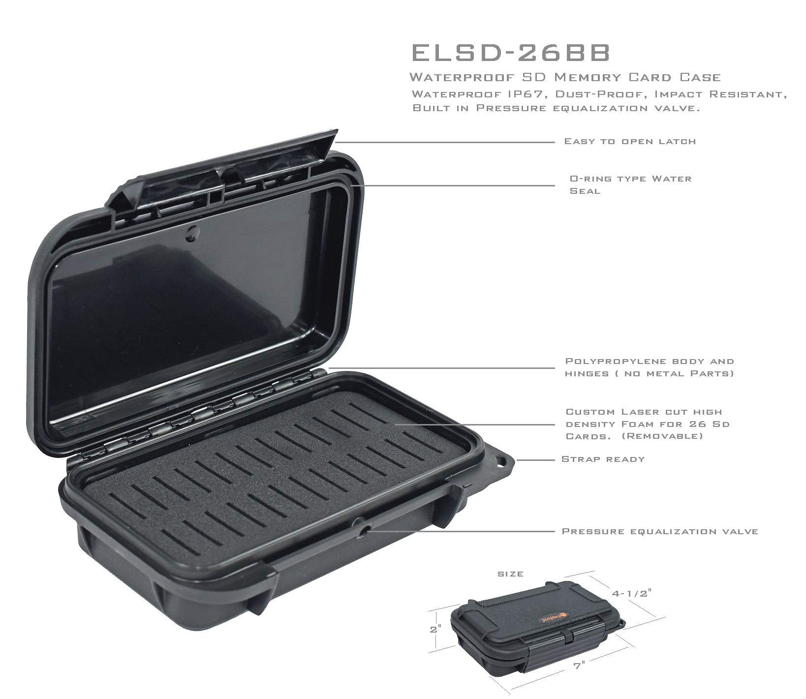 Elephant® Waterproof Dust-Proof Professional 26 SD Memory Card Protective Case ELSD-26BB Black Case with Black Foam.