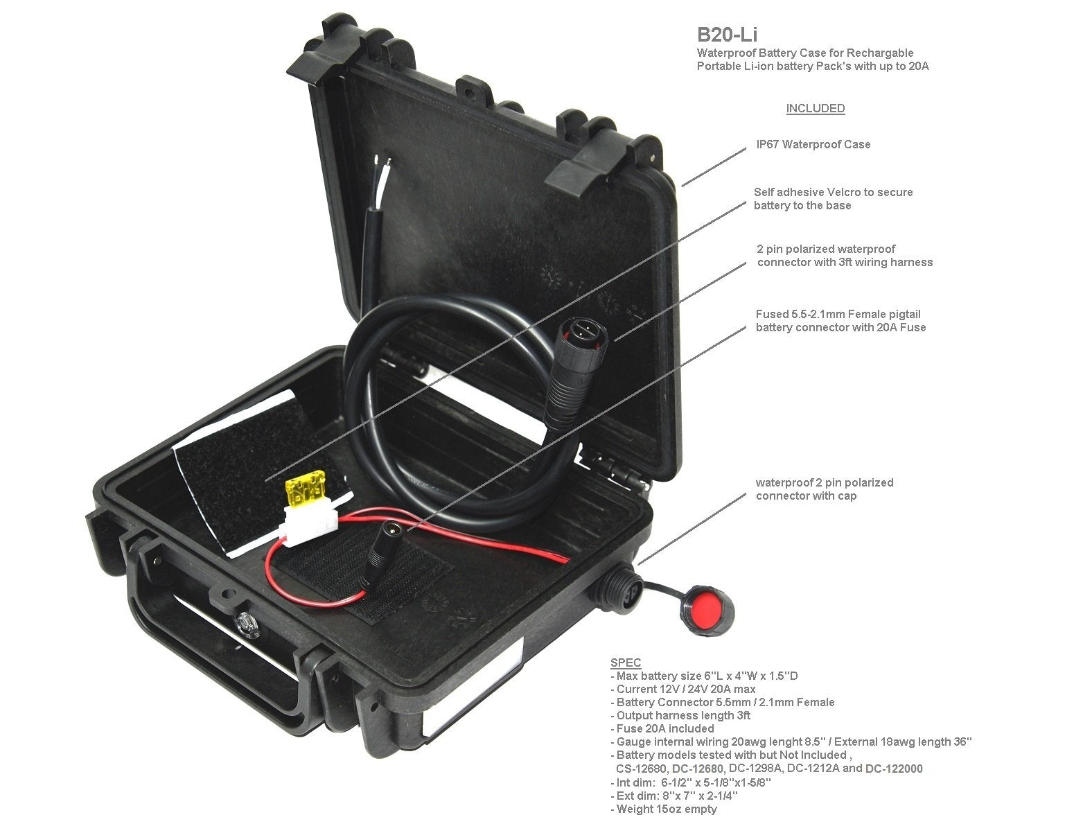 Elephant B20-Li Compact Custom Made Kayak Battery Box Enclosure for Li-ion Portable Battery Packs up to 20aH, Boat Waterproof Battery Case for Powering GPS, Fish Finders, Led Lights, Aerator Pump +