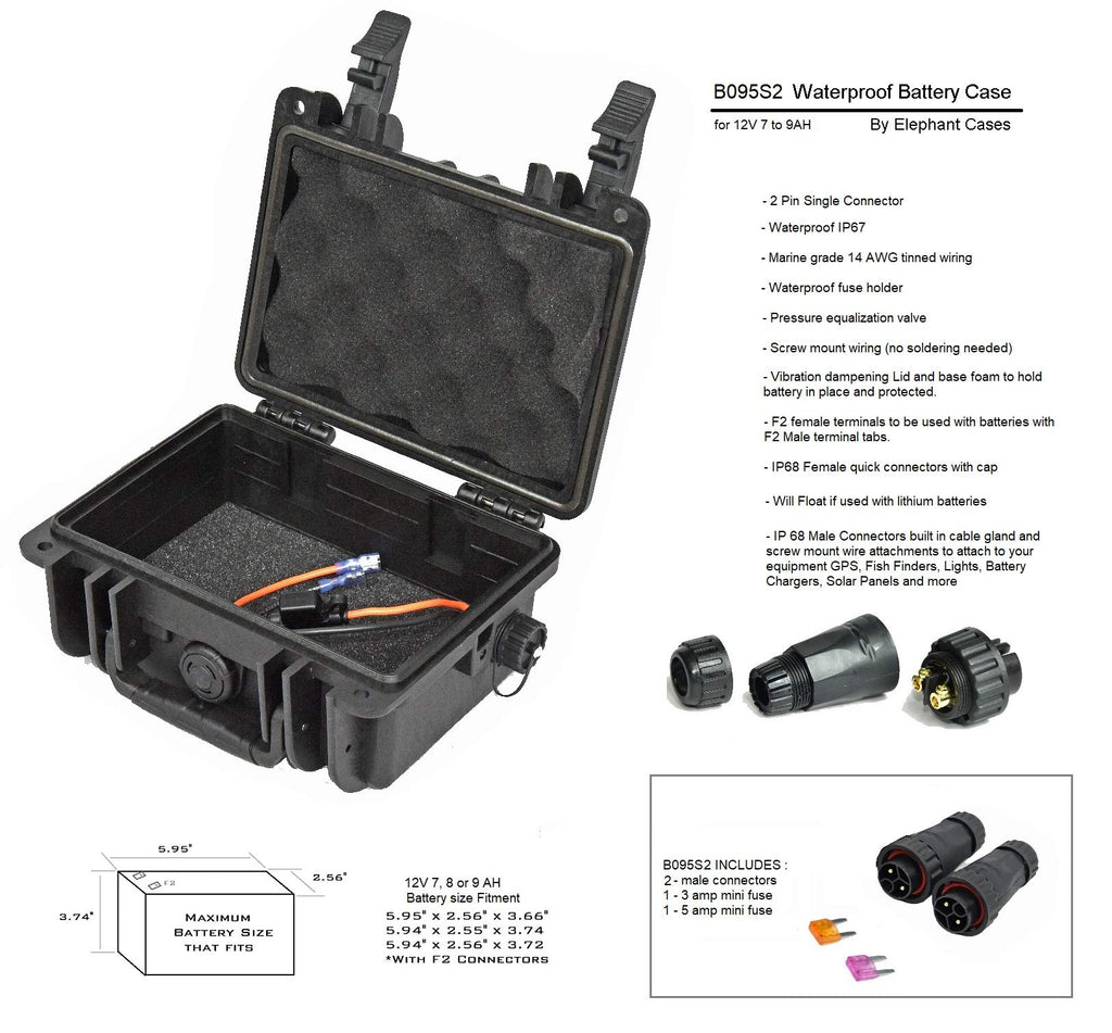 Elephant B095S2 Kayak Battery Box Waterproof Battery Enclosure for Powering GPS, Fish Finders, Led Lights, Aerator Pump (2 Pin Single)