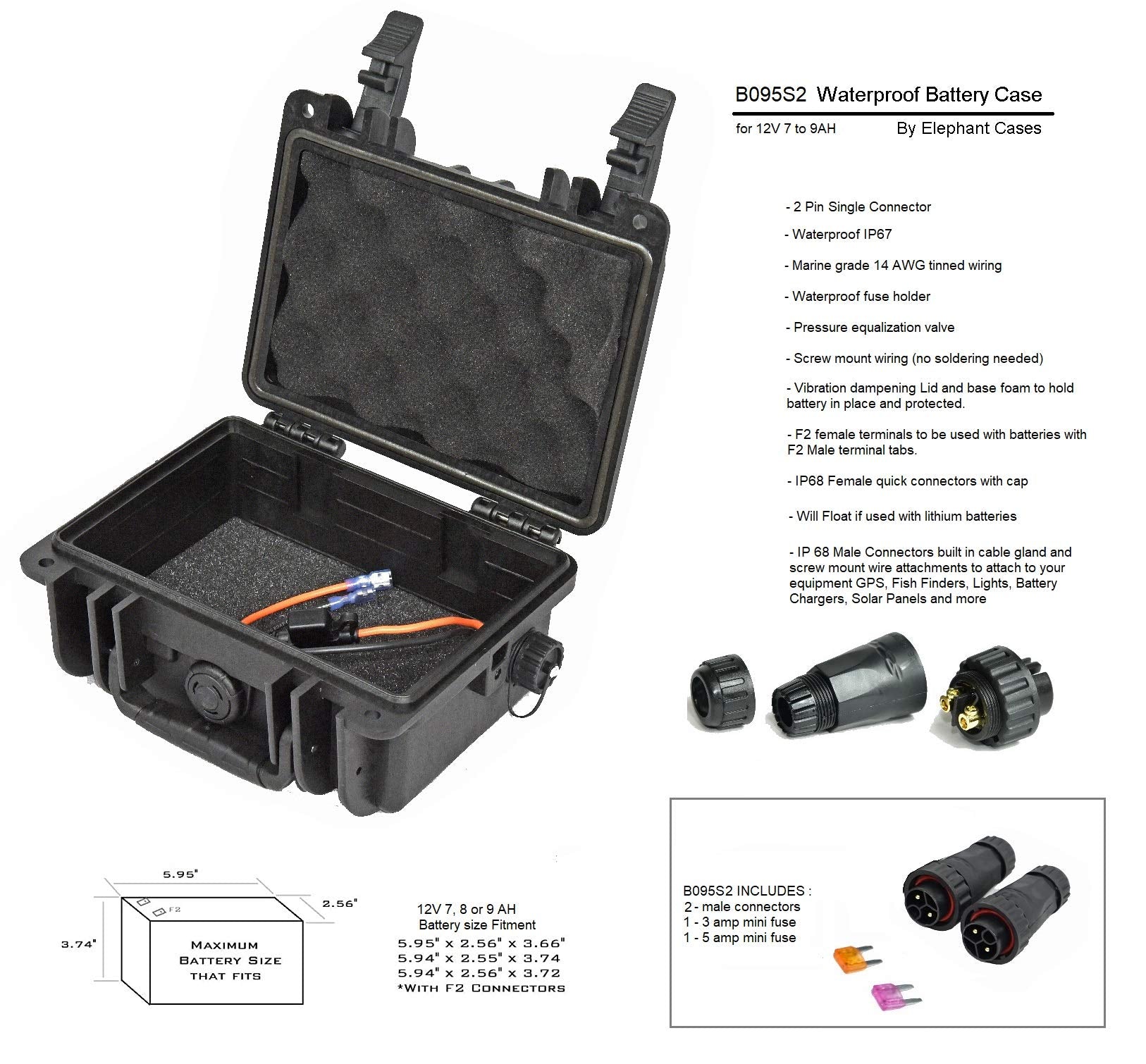 Elephant B095S2 Kayak Battery Box Waterproof Battery Enclosure for Powering GPS, Fish Finders, Led Lights, Aerator Pump (2 Pin Single)