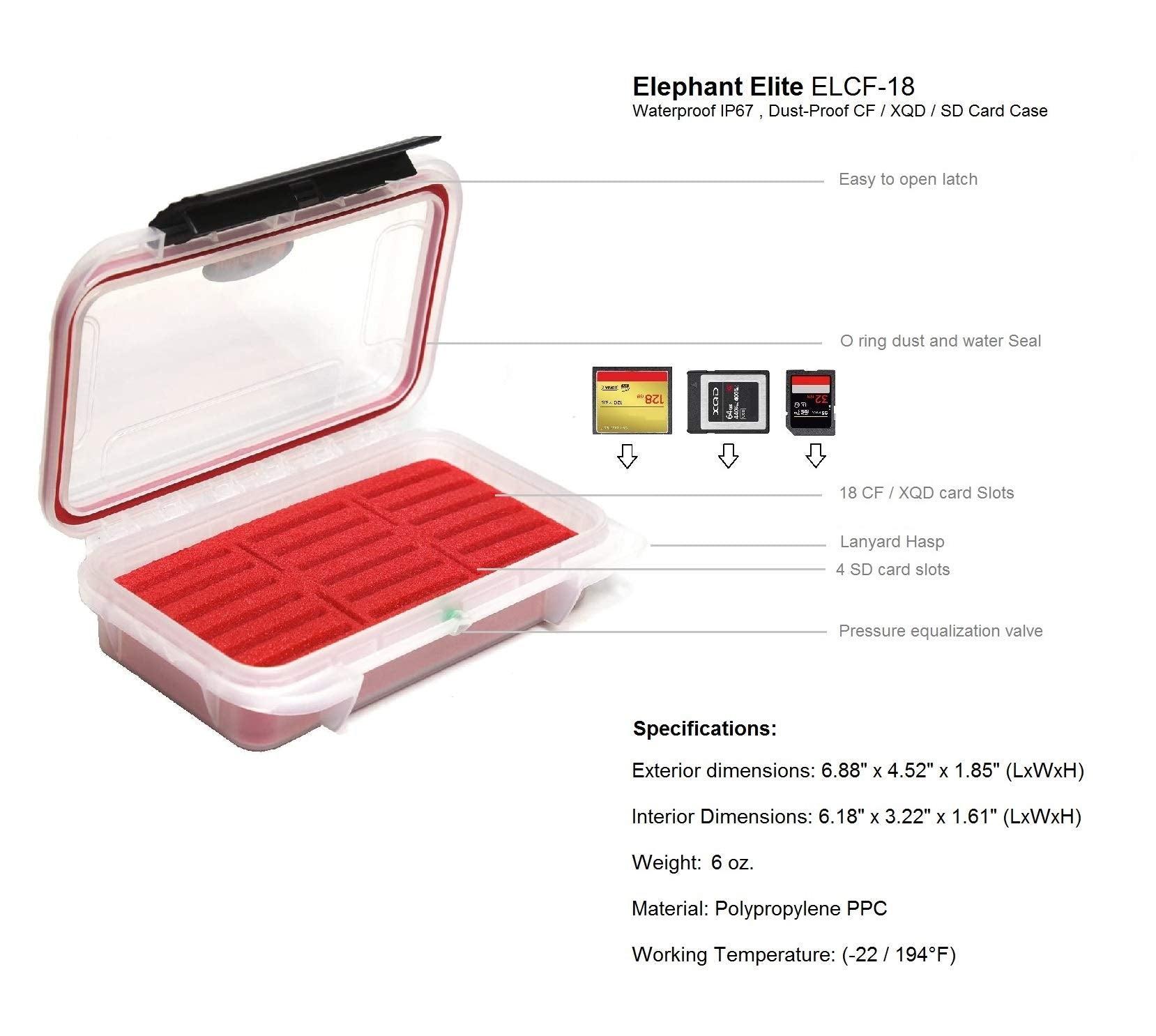 Elephant Cases CF Card Case XQD Card Case ELCF-18TR Transparent w/Red Foam Waterproof IP67, Dust-Proof, CF Memory Card Case Fits 18 Compact Flash/XQD and 4 SD Cards