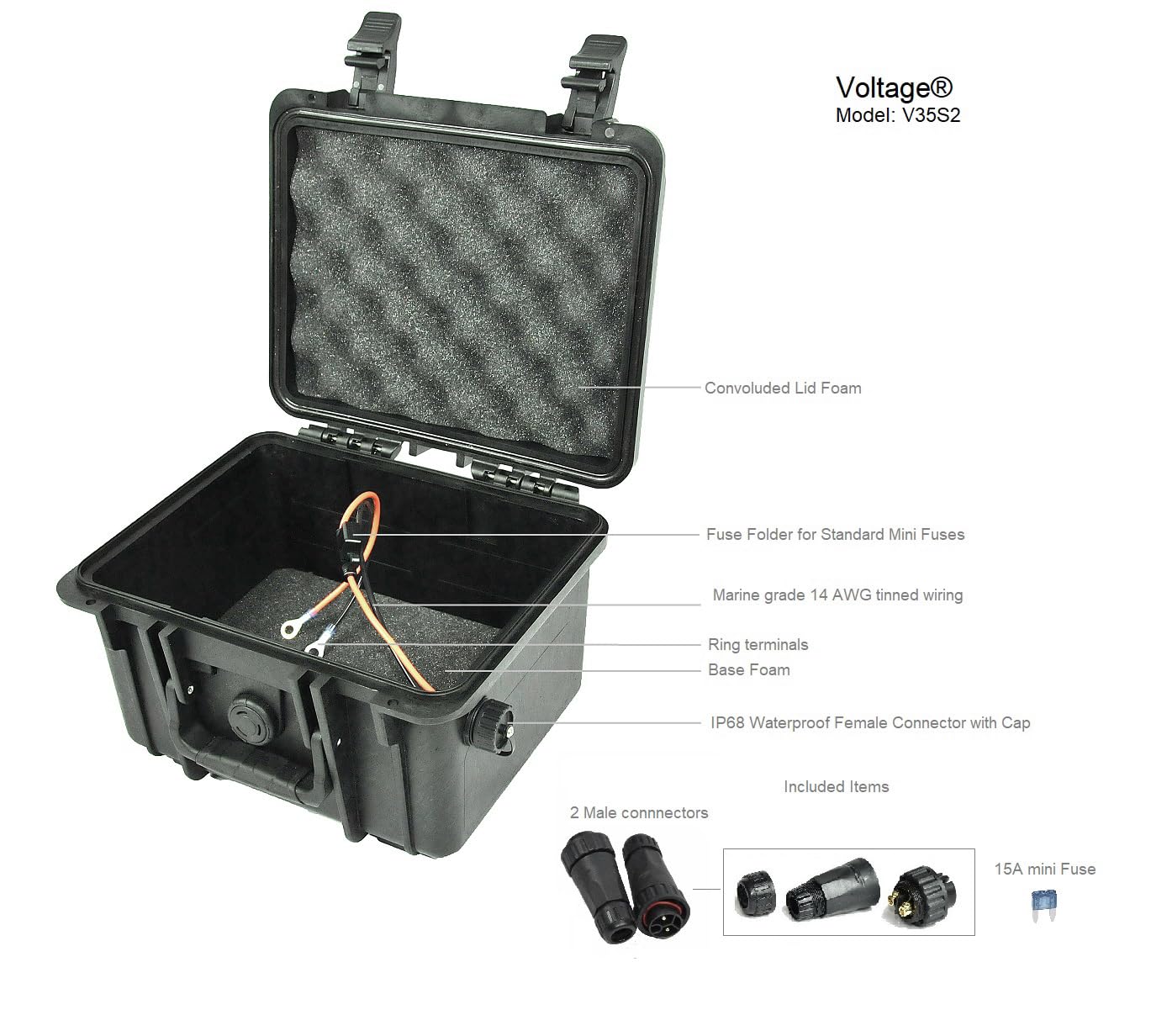 Voltage Elephant V35S2 Waterproof Battery Case Enclosure with Single 2 pin connectors for 12V 35Ah / 20Ah Batteries