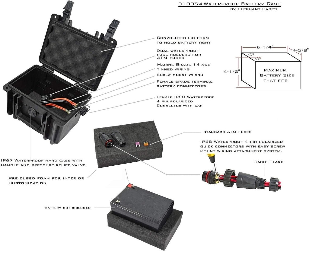 Elephant B100S4 Kayak Battery Box Waterproof Battery Enclosure for Powering GPS, Fish Finders, Led Lights, Aerator pump (4 pin Single)