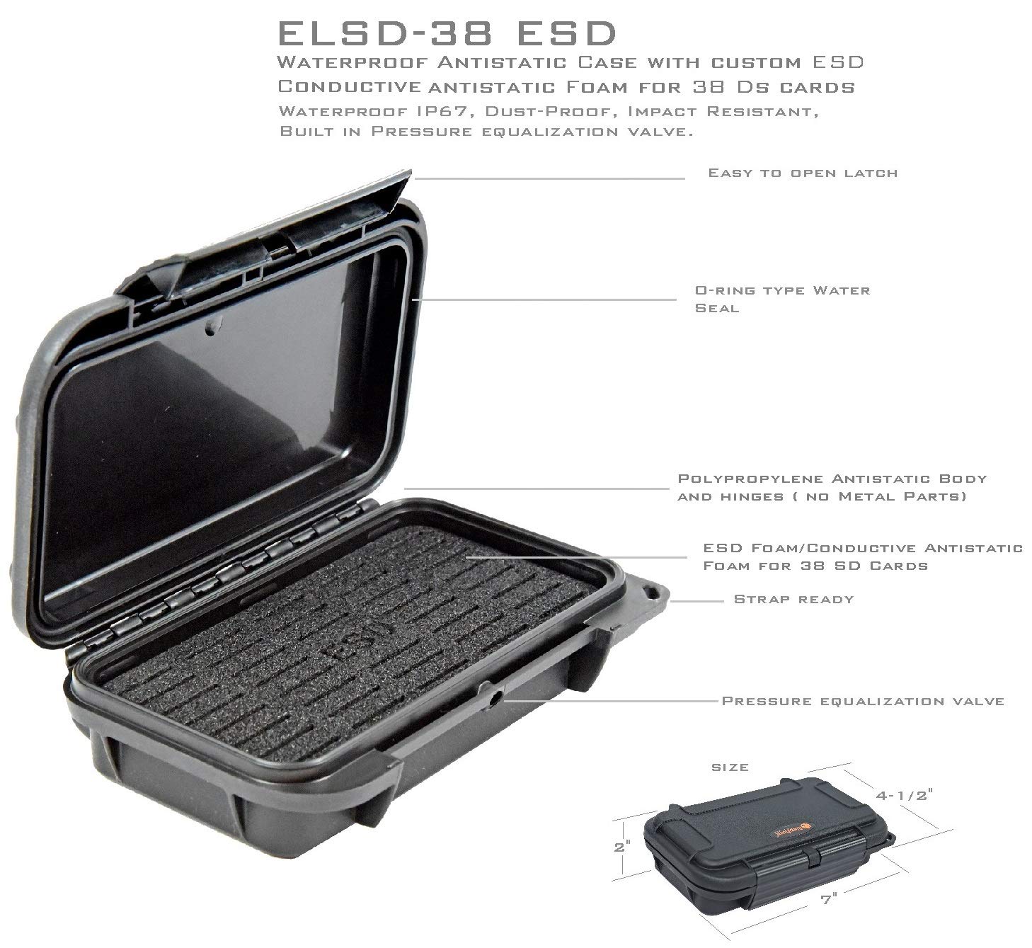 Elephant® Professional Waterproof Anti-Static SD Card Case with ESD Foam for 38 SD Memory Card Protective Case ELSD-38ESD Black