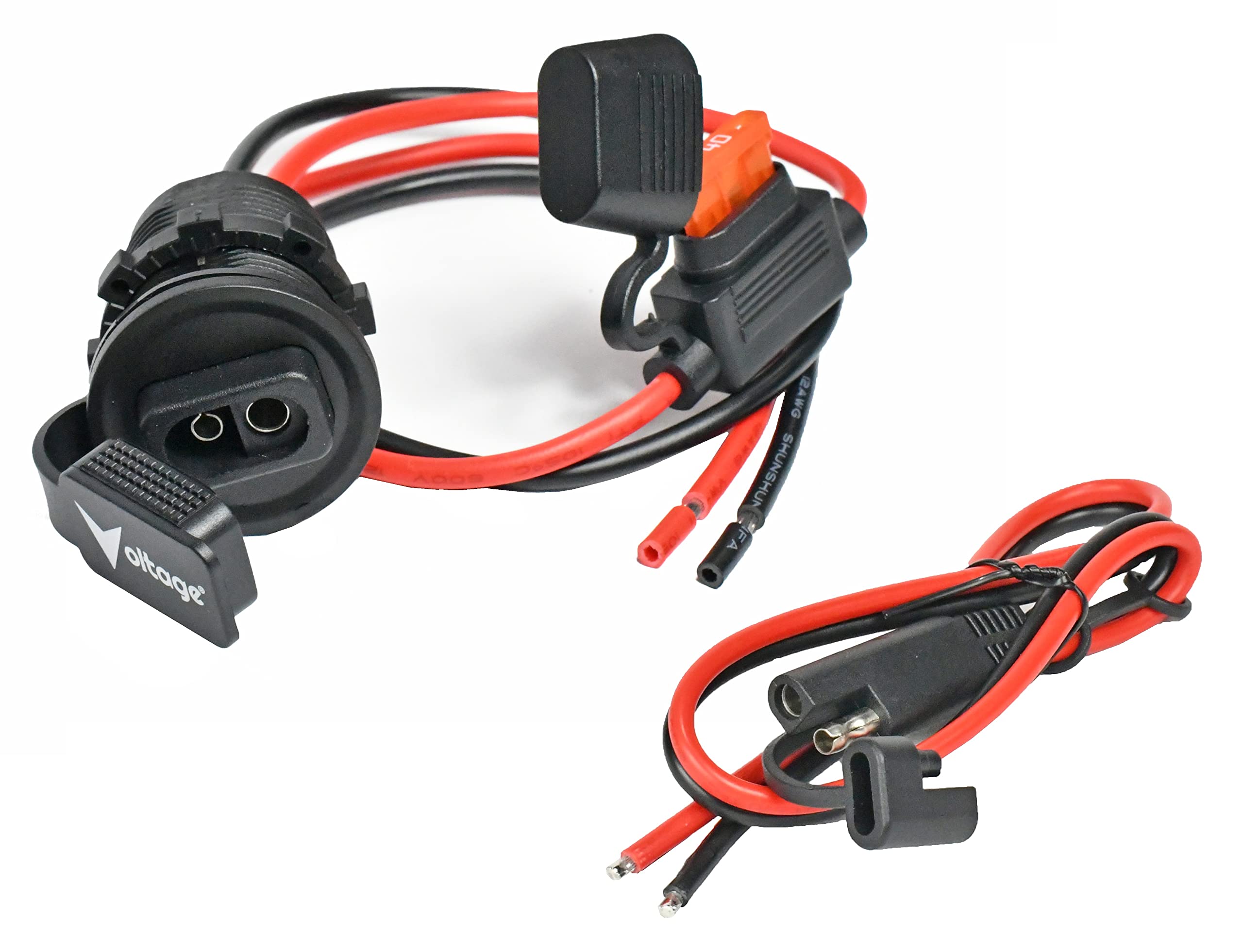 Voltage SAE Panel Mount Connector Socket Built in Fuse and 18" SAE Plug with Cap, 12AWG Marine Grade Stranded Tinned Copper Wires and 40A Fuse