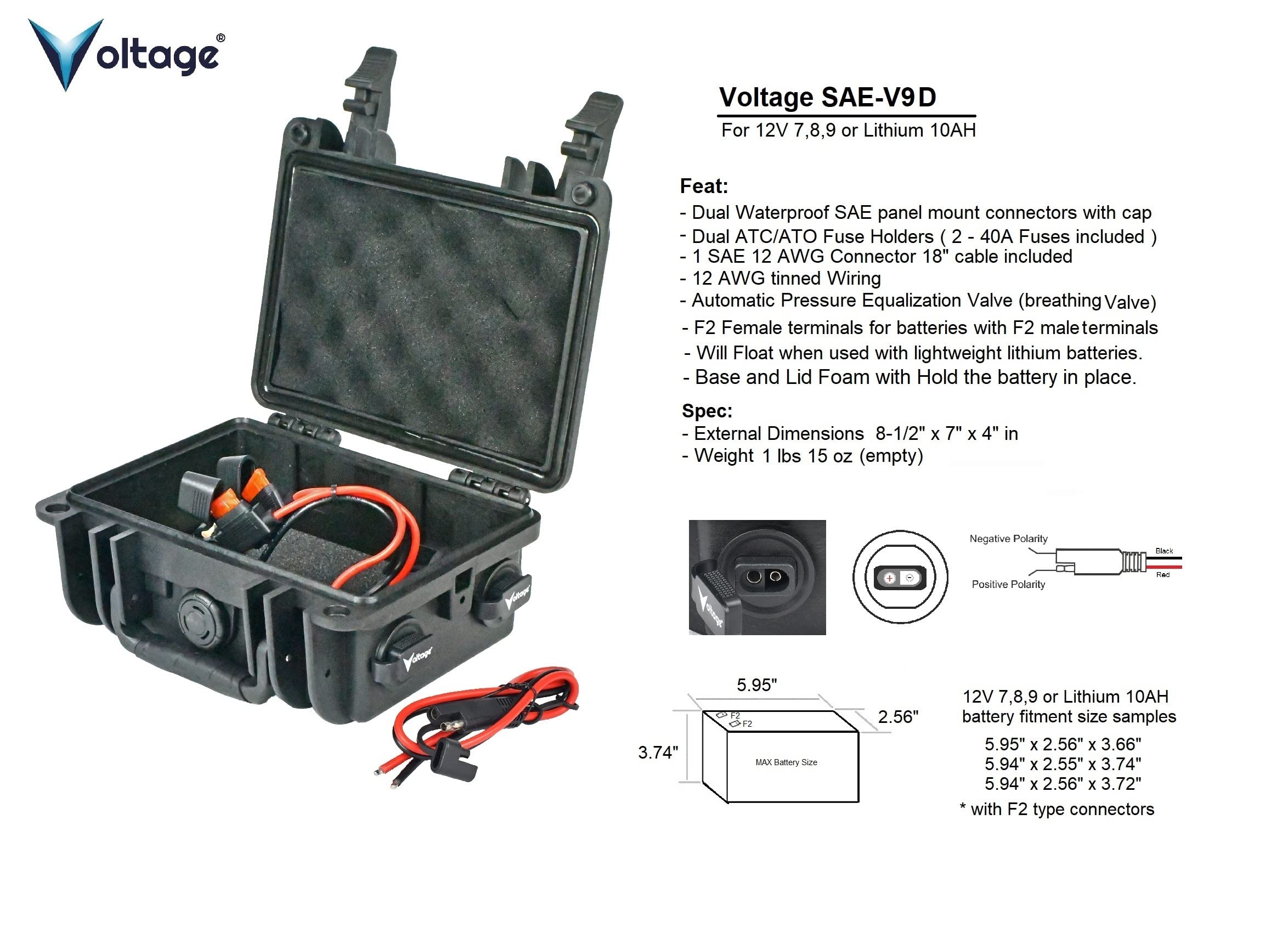 Voltage Waterproof Battery Box Enclosure with SAE Connector for 12V 9ah, 12V 8ah or Lithium 12V 10ah Batteries Kayak Fishfinder, GPS, Lighting and Outdoor Solar Systems